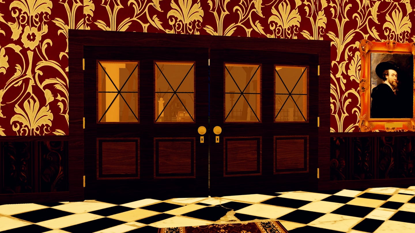 The manor's double front doors swinging open from inside, the drive and the van beyond, a burglar running in.