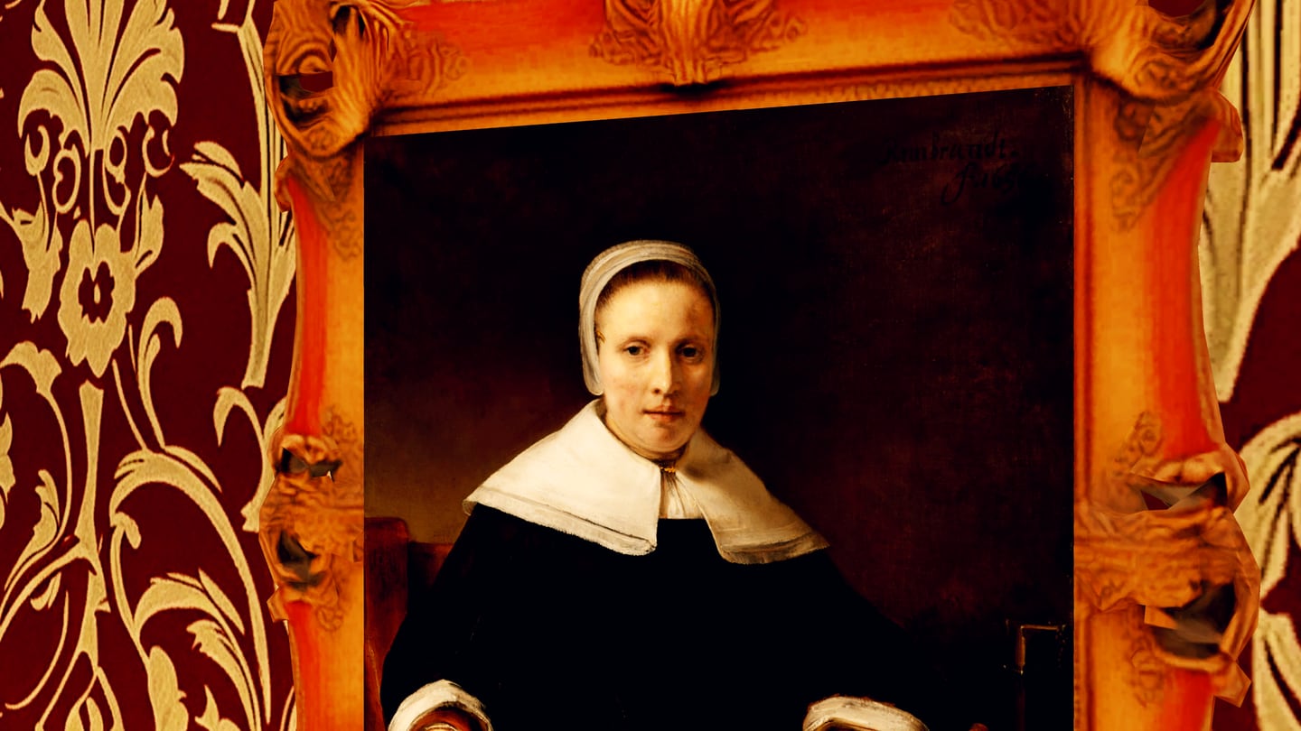 A portrait in a gilt frame turning to look straight out, its eyes taking a faint green.