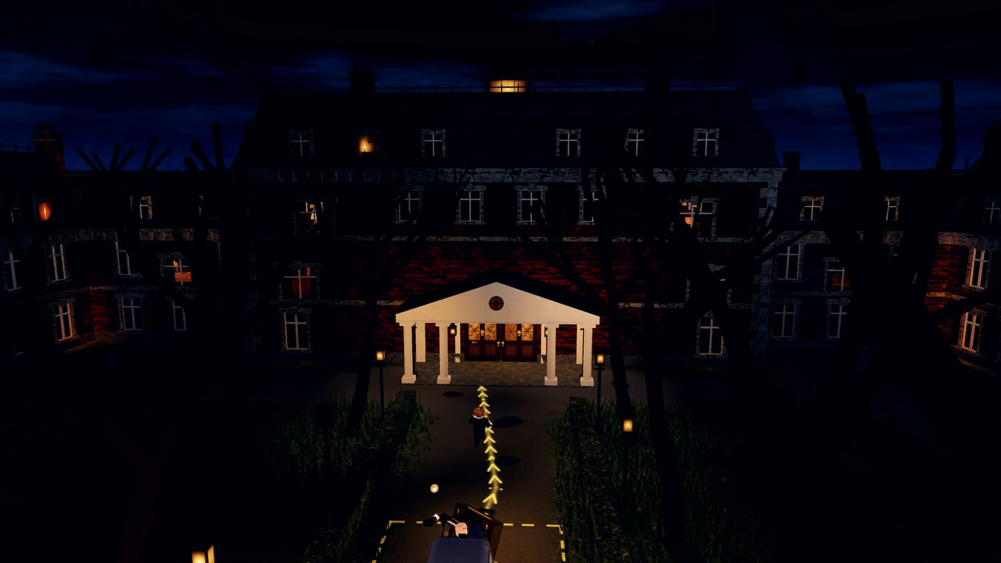 The crew's planned route glowing in amber up the dark drive to the manor's porch.