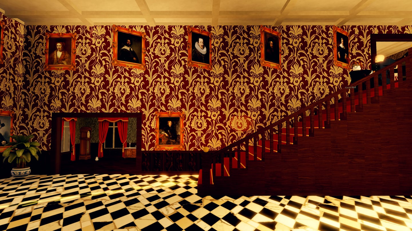 The grand staircase in the Great Hall folding flat into a slide as the crew reaches the top with the piano.